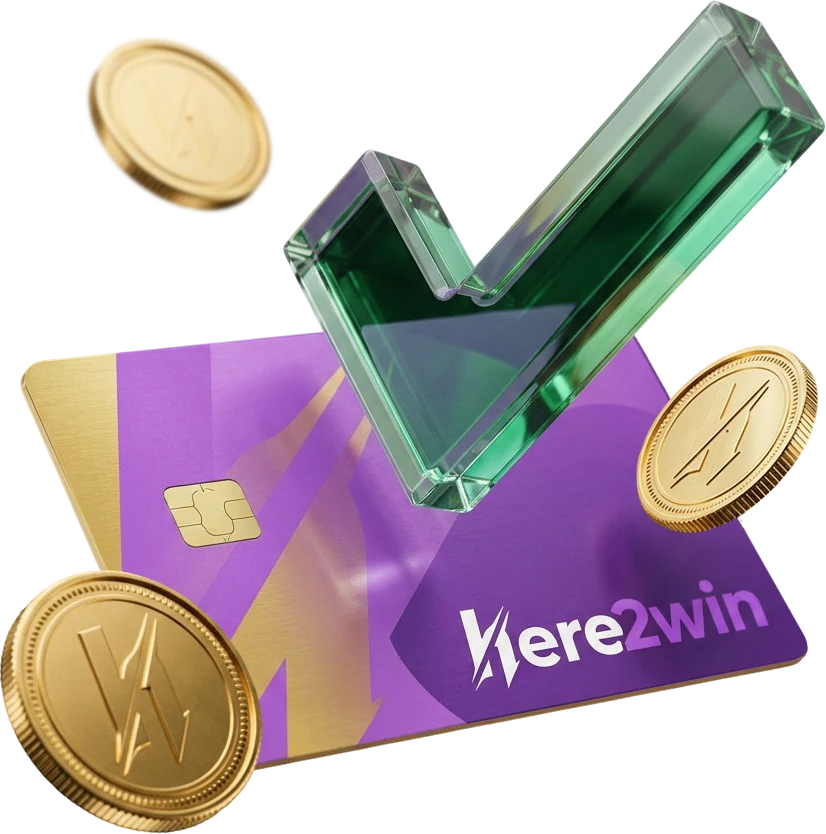 Purple and gold Here2Win Casino account card for a signed-in player