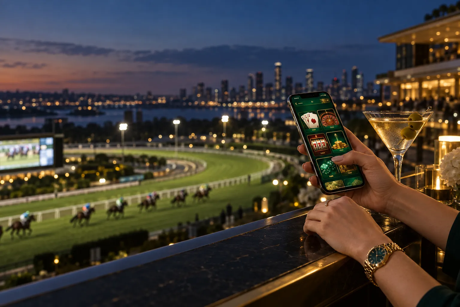 Phone with the Here2Win Casino lobby at a racecourse VIP box